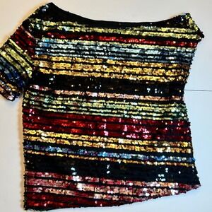 Sparkle Glam Striped Sequin Asymmetrical Top Size S Rainbow Sparkle Party
